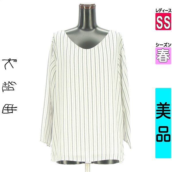 クミキョク 短い出し物 カットソー ティーシャツ レディース 春 長袖 白いこと SS Vネックストライプブラウス 【中古】【古着】【新着】