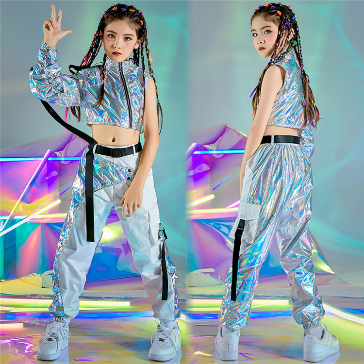 キッズダンス衣装 トップス ロングパンツ セットアップ 子供服 Hiphop ヒップホップ 肩出し へそ出し シルバー キラキラ パーカー 女の子 ズボン ジャッズ ストリート ダンス衣装 原宿系 キッズ 演出会 応援団 発表会 派手 ガールズ Hiphop オシャレ Jazz 1 170