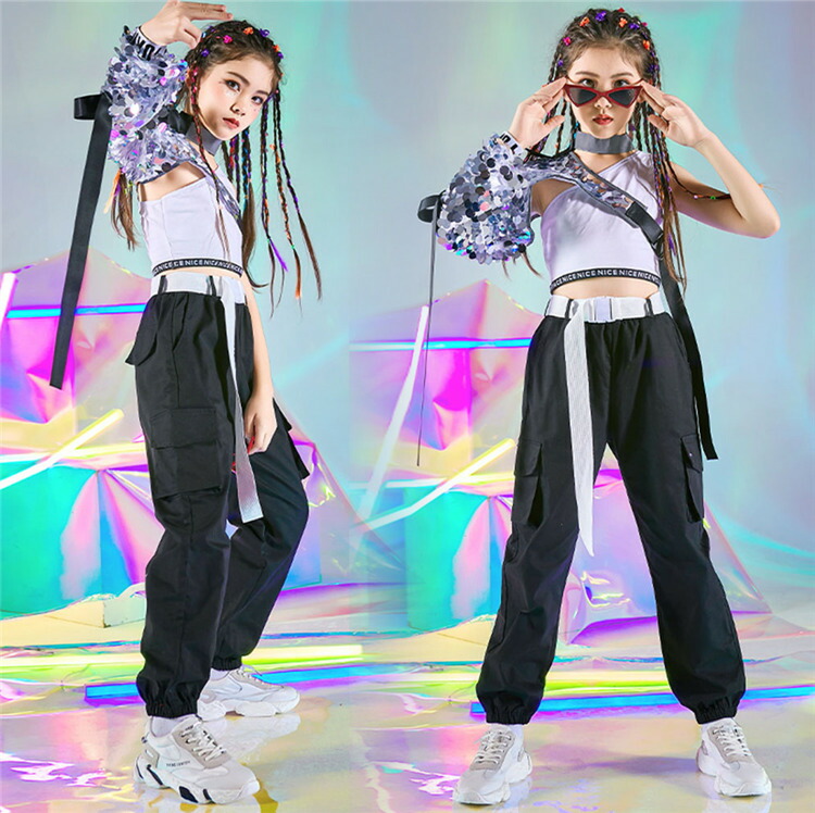 キッズダンス衣装 クロップトップ ロングパンツ 3点セット セットアップ 子供服 Hiphop ヒップホップ タンクトップ 肩出し へそ出し キラキラ 女の子 ズボン ジャッズ ストリート ダンス衣装 原宿系 キッズ 演出会 応援団 発表会 派手 ガールズ オシャレ Jazz 1 170