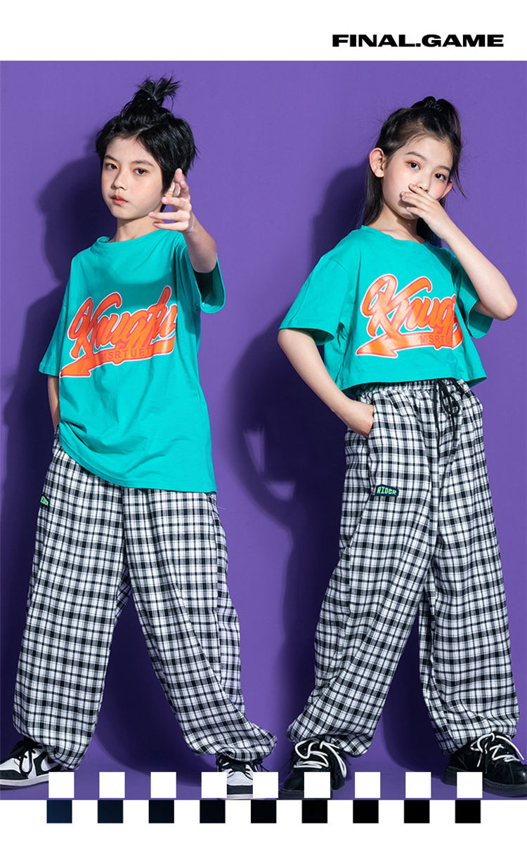 キッズ ダンス衣装 110-180cm k-pop tシャツ おしゃれ オシャレ カジュアル ジャズダンス ジュニア ステージ衣装 スポーツウェア  セットアップ チェック柄 ヒップホップ ヘソ出し ロングパンツ 半袖 団体服 女の子 子供服 普段着 練習着 通園 通学 韓国子供服 2021最新の  ...