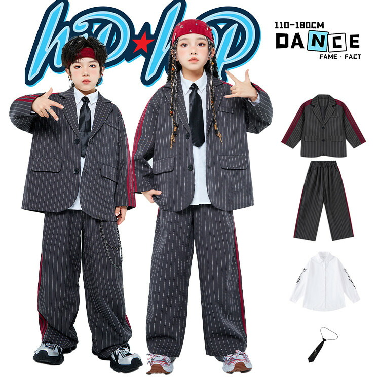 男の子 女の子 スーツ風 キッズ ダンス衣装 こども服 グレー ストライプ ジャケット ホワイト シャツ ブラック ネクタイ ワイドパンツ キャップ セットアップ アイドルダンス K-POP ステージ 発表会 練習着 団体 レッスン かわいい かっこいい 110-180cm