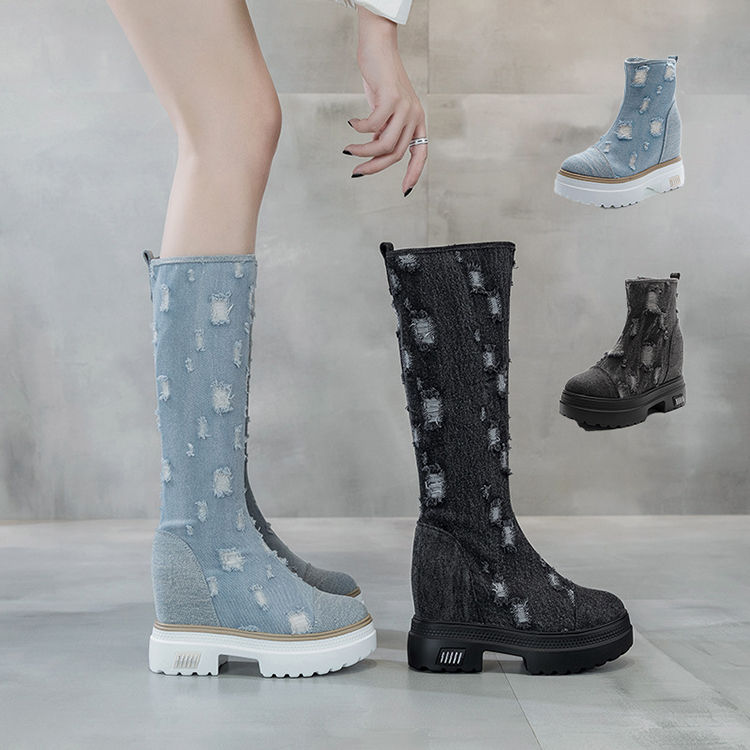 レディースシューズ 厚底シューズ 韓国 レディース 厚底靴 美脚 ロングブーツ ミドルブーツ インヒール シークレットブーツ デニム シューズ 長靴 カジュアル おしゃれ 人気 定番 黒 青 厚底 歩きやすい 疲れない 代 30代 40代 34 39 あすつく
