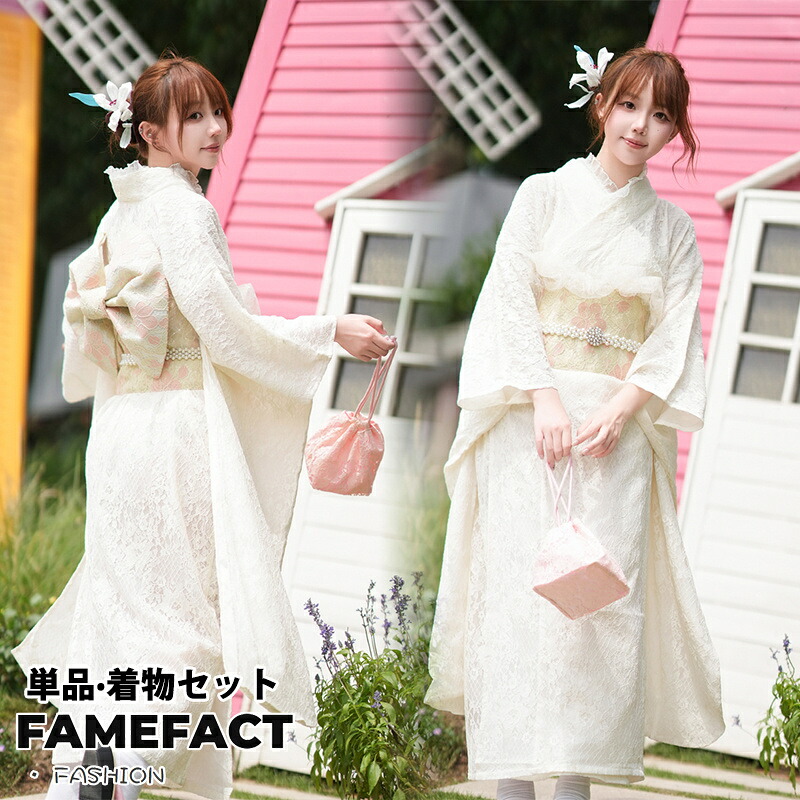着物 レディース kimono キモノ オフホワイト レース付き 和風ドレス フルセット 卒業用袴セット ヘッドアクセ付き 写真撮影 コスプレ イベント用衣装 着物セット 豪華デザイン 手作り風 和モダンスタイル フォトスタジオ用 パーティー衣装 文化イベント 伝統×現代