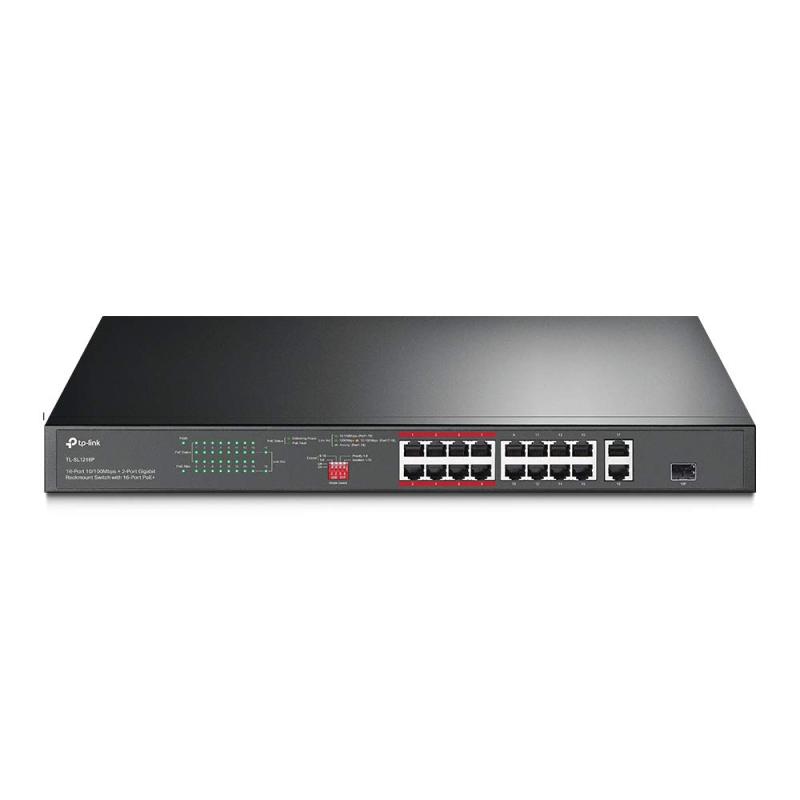 TP-Link TL-SL1218P 16ポートファストイーサネットラックマウントPoE+スイッチ + 2ギガビットポート(150ワット、シールドRJ-45ポート、延長モードで250m伝送カバレッジ、プラグアンドプレイファンレ|ファミラ