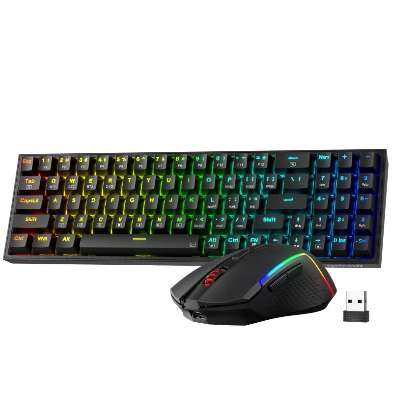 redragon s136ゲーミングキーボード&マウスコンボ,75% k628 tri-modeワイヤレスrgbメカニカルキーボードと7200 dpiワイヤレスゲーミングマウスバンドル,便利な共有ドングル|ファミラ