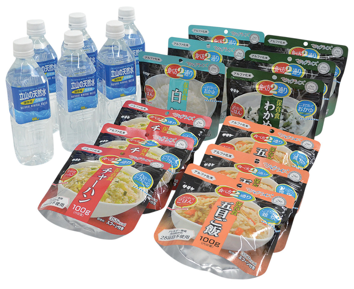 人並み外れた保護すること食 4種ごはん書き割り 白飯 わかめ田の実 五目田の実 チャーハン 各3袋 保護すること水 6本