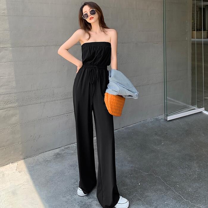 オールインワン サロペットパンツ コンビネゾン ベアトップ パンツ レディース きれいめ カジュアル おしゃれ ロング丈 かっこいい ハイウエスト ドロスト 大人 可愛い シンプル ワイドレッグ ブラック 黒 春 夏 秋 20代 30代 40代 50代