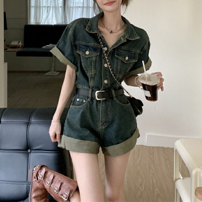 オールインワン サロペット コンビネゾン デニム パンツ ショートパンツ レディース エレガント きれいめ カジュアル 大人 可愛い フェミニン 半袖 ショート丈 ウエストベルト ヴィンテージ シンプル 青 ブルー 春 秋 夏 20代 30代 40代 50代