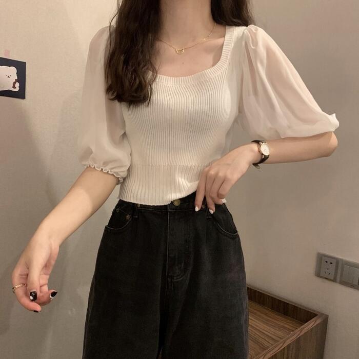 トップス ニット カットソー インナー Tシャツ パフスリーブ シアー 異素材ミックス レディース 大人 可愛い きれいめ カジュアル 五分袖 シンプル ホワイト 白 イエロー オレンジ ブラック 黒 春 夏 秋 20代 30代 40代 50代
