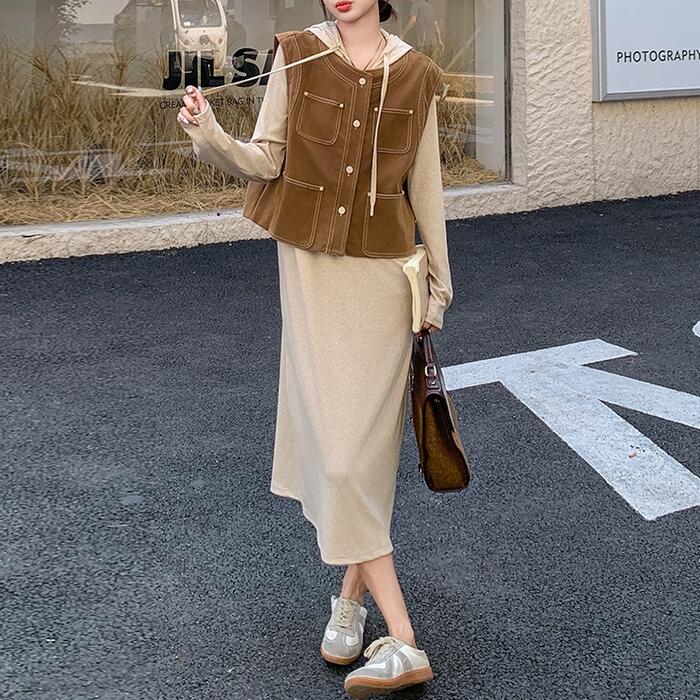 セットアップ レディース ベスト ジレ ワンピース 長袖 2点セット フード付き カジュアル きれいめ ミモレ丈 大人 可愛い Tシャツワンピ 楽ちん おしゃれ シンプル レイヤード ベージュ ブラック 黒 春 秋 夏 20代 30代 40代 50代|ファミリーストークショップ