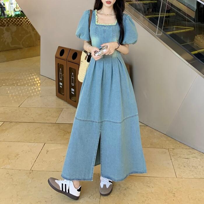 パフスリーブ ワンピース ワンピ ドレス 袖あり デニム レディース ロングワンピ きれいめ カジュアル 半袖 大人 可愛い スクエアネック ミモレ丈 ヴィンテージ スリット ハイウエスト 体型カバー ブルー 青 春 秋 夏 20代 30代 40代 50代