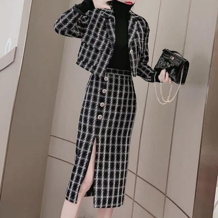 セットアップ 2点セット スーツ ジャケット スカート チェック 長袖 ペンシルスカート ミモレ丈 おしゃれ 大人 可愛い エレガント きれいめ カジュアル スリット ショート丈 フェミニン 体型カバー ブラック 黒 春 秋 冬 20代 30代 40代 50代|ファミリーストークショップ