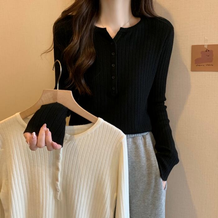 トップス Tシャツ カットソー リブ ニット レディース きれいめ カジュアル ヘンリーネック 長袖 大人 可愛い フェミニン おしゃれ クルーネック プルオーバー シンプル インナー ホワイト 白 ブラック 黒 春 秋 冬 20代 30代 40代 50代