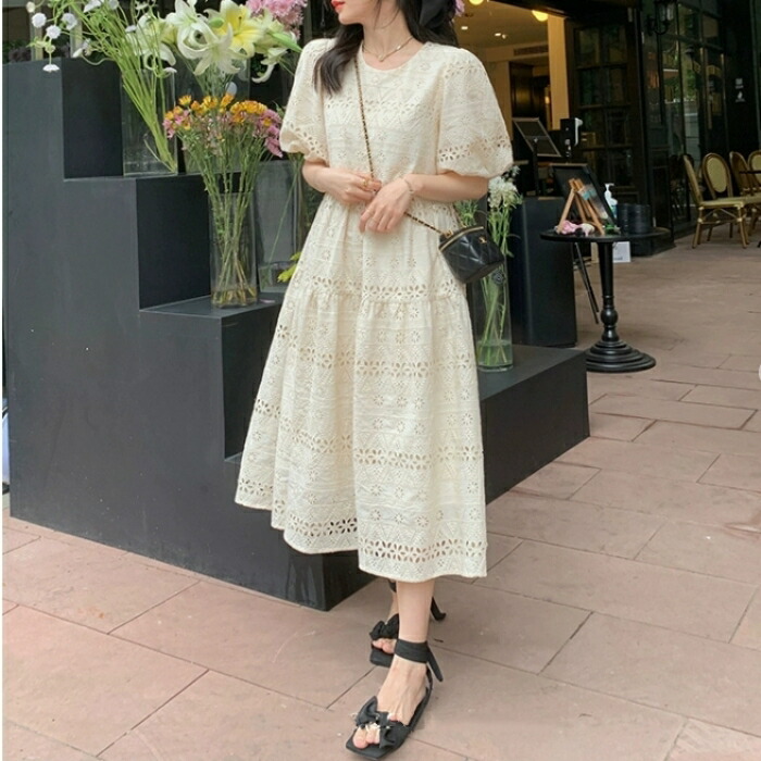 パフスリーブ ワンピース ドレス 袖あり カットワーク レース レディース きれいめ カジュアル ミモレ丈 半袖 大人 可愛い フェミニン シンプル ゆったり 体型カバー ナチュラル リラックス 韓国 ベージュ 春 夏 秋 20代 30代 40代 50代