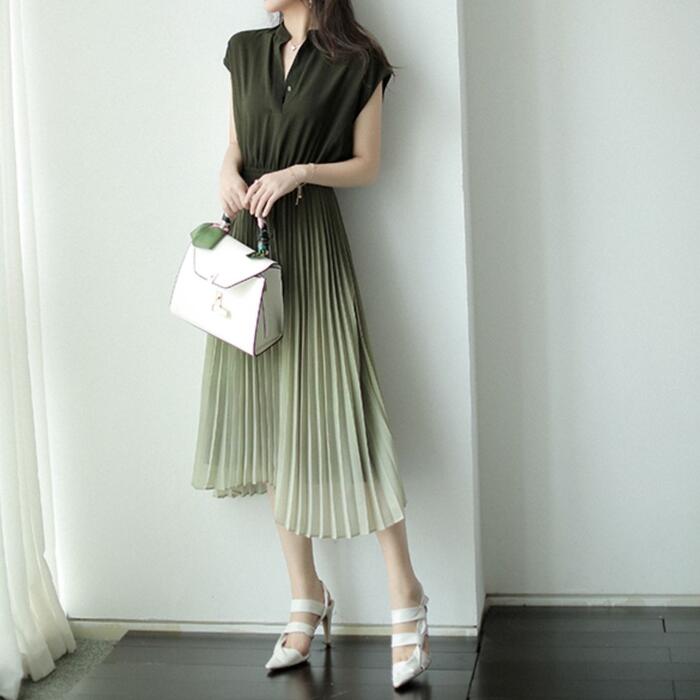 ワンピース ロングワンピ 袖あり レディース きれいめ カジュアル ミモレ丈 半袖 切り替え グラデーション プリーツ おしゃれ 大人 可愛い フレア ワンピ ドレス エレガント フェミニン お呼ばれ グリーン 緑 春 秋 夏 20代 30代 40代 50代｜ファミリーストークショップ
