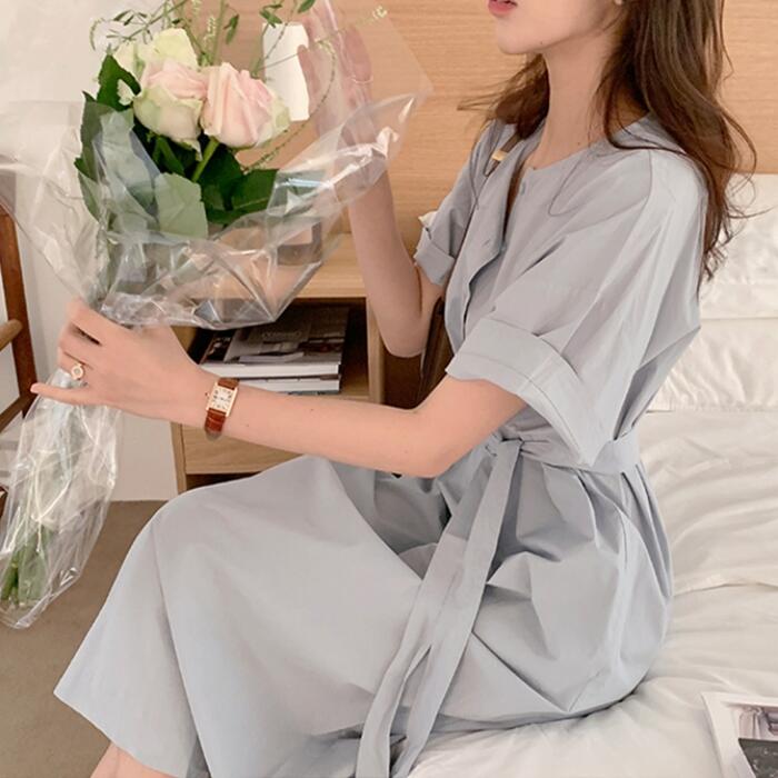 ワンピース レディース きれいめ カジュアル おしゃれ シャツワンピース ロングワンピ 袖あり ドレス 半袖 大人 可愛い ウエストリボン ハイウエスト 体型カバー 韓国 コーデ 青 春 夏 秋 20代 30代 40代 50代