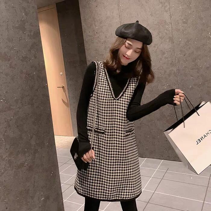 セットアップ ２点セット ニット トップス サロペットスカート ワンピース ジャンパースカート 千鳥格子 ハイネック 長袖 ショートワンピ おしゃれ 大人可愛い カジュアル ゆったり 体型カバー ブラック 黒 春 秋 冬 20代 30代 40代 50代