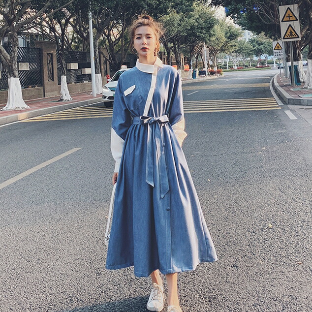 美品】45R 小麦デニムのレフアドレス ストライプ フリル ロング