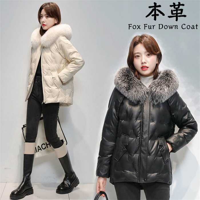 ファーコート フォックスファーフード付き coat レザーコート ダウンジャケット ショット丈ダウン レディース ラムレザー ladies 本革コート 冬服コート down 送料無料