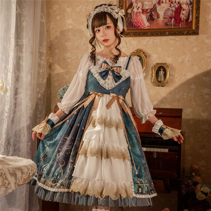 忘年会 ノースリーブ 学園祭 ロリータ風 夢かわいい イベント 文化会 少女 森ガール レース 通勤 茶会 通学 フリル襟 エプロン ドレス Lolitaワンピース 日常 レディース 蝶結び付き お姫様 膝丈ワンピース