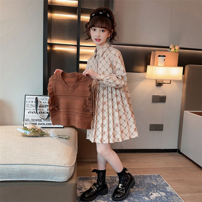 ワンピース ジュニア ベスト 可愛い 新品 2点セット ロングワンピース チュニック 女の子 子供服 春秋 ニット 長袖 キッズワンピース おしゃれ 子供ドレス
