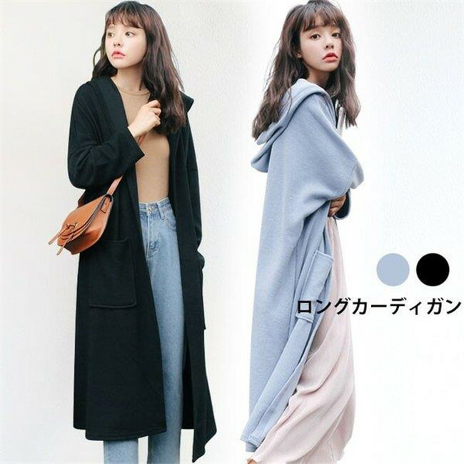 カーディガン 長袖 ロングカーディガン 体型カバー ポケット付き レディース 羽織 秋新作 ロング丈 フード付き 無地 ゆったり ドロップショルダー