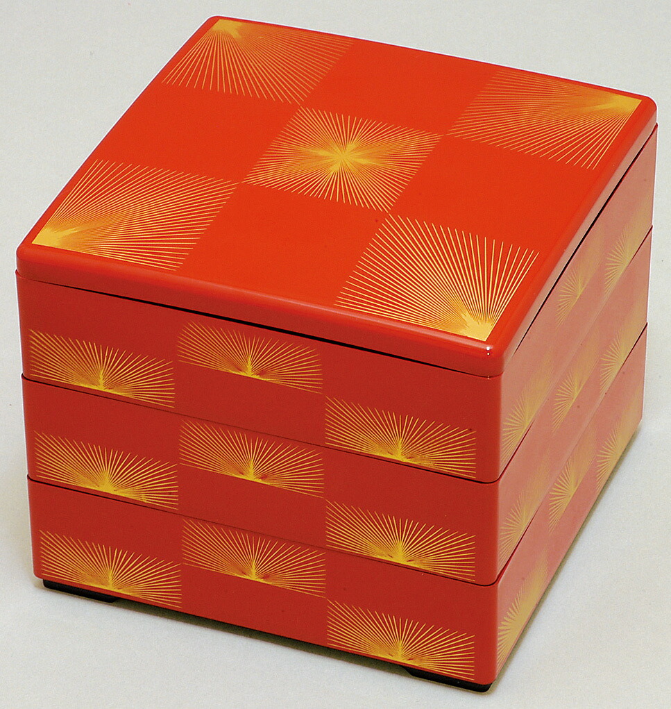 重箱 3段 ｜ 三段重 三段重箱 お重箱 お正月 正月 おせち おせち重 行楽重 オードブル お節 お花見 運動会 イベント ピクニック 行楽 遠足 漆塗り 漆 漆器 業務用 日本製 ｜ 6.5寸彩重3段セット（外寸19.6cm角・高さ17.6cm）朱松葉市松 福井クラフト