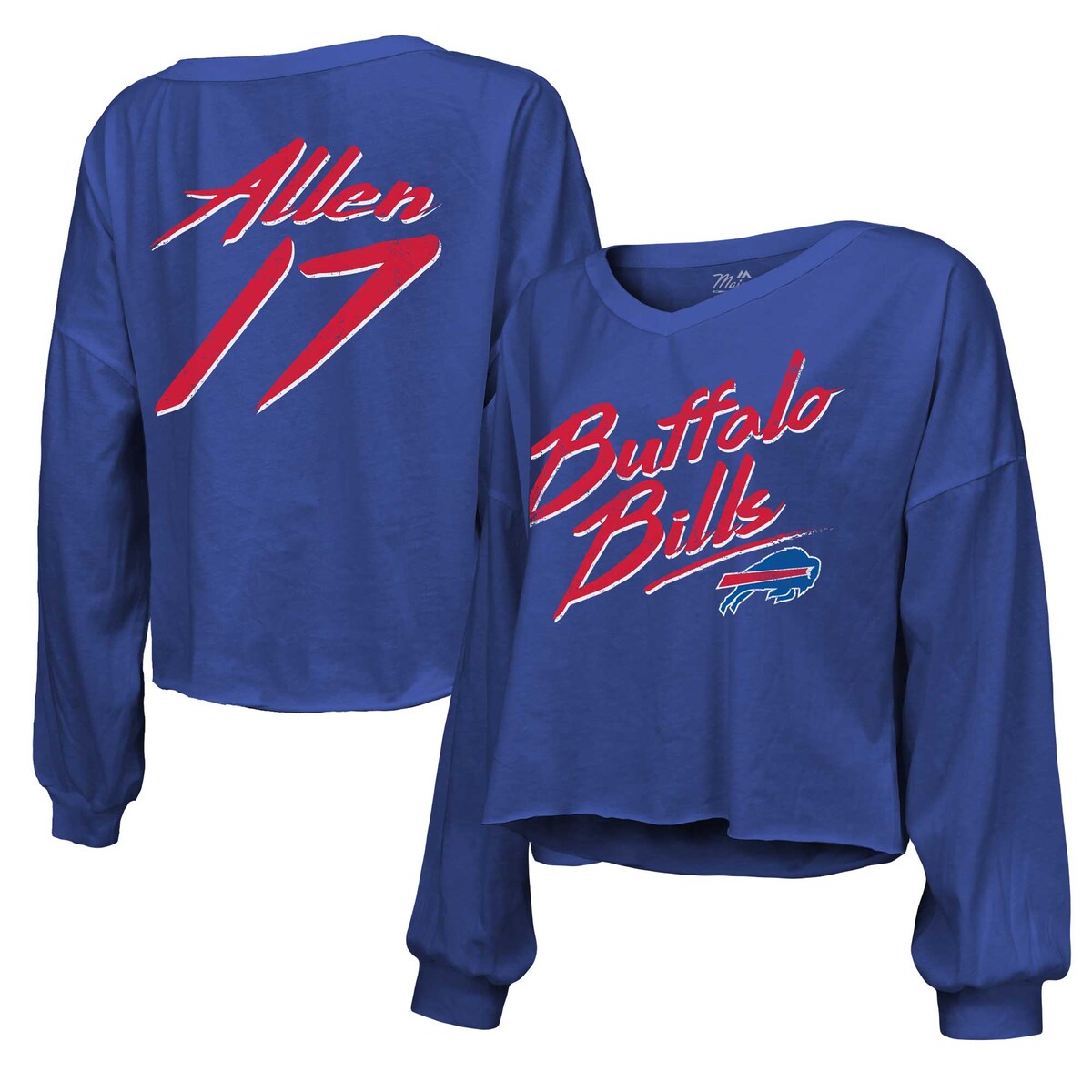 【公式グッズ】NFL ビルズ ジョシュ・アレン 長袖 Tシャツ Majestic/マジェスティック レディース ロイヤル (Women's Off-Shoulder Script LS N&N Top)
