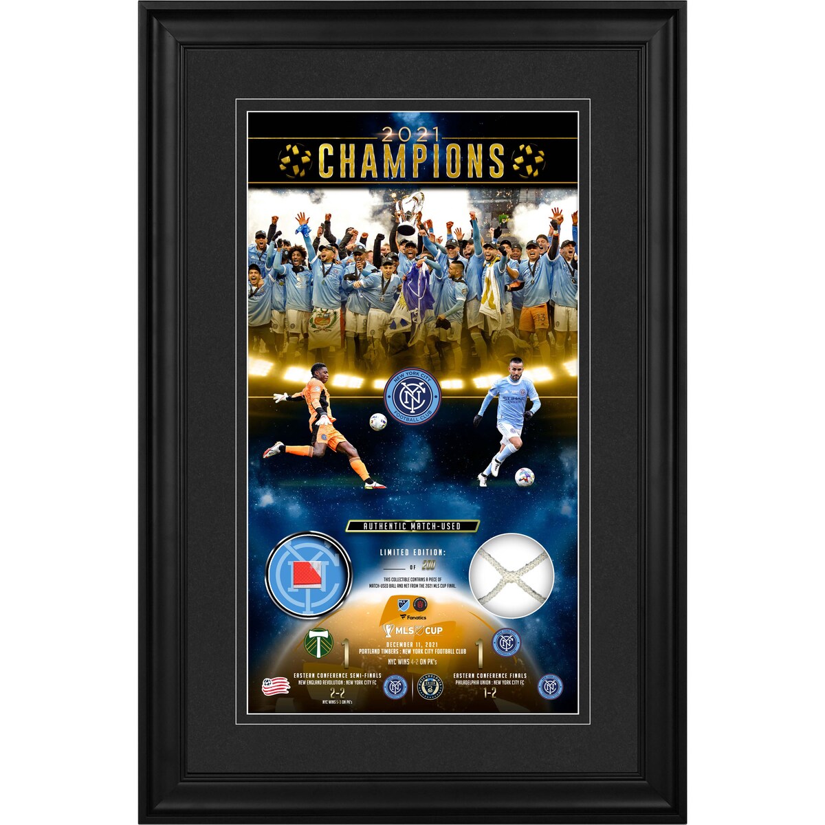 【公式シリアル番号付】MLS ニューヨーク・シティFC 試合着用グッズ（フレーム入り） Fanatics ファナティクス オーセンティック (UNS 21 MLS CUP CHAMPS 10X18 GU BALL & NET FRAMING 1272021)