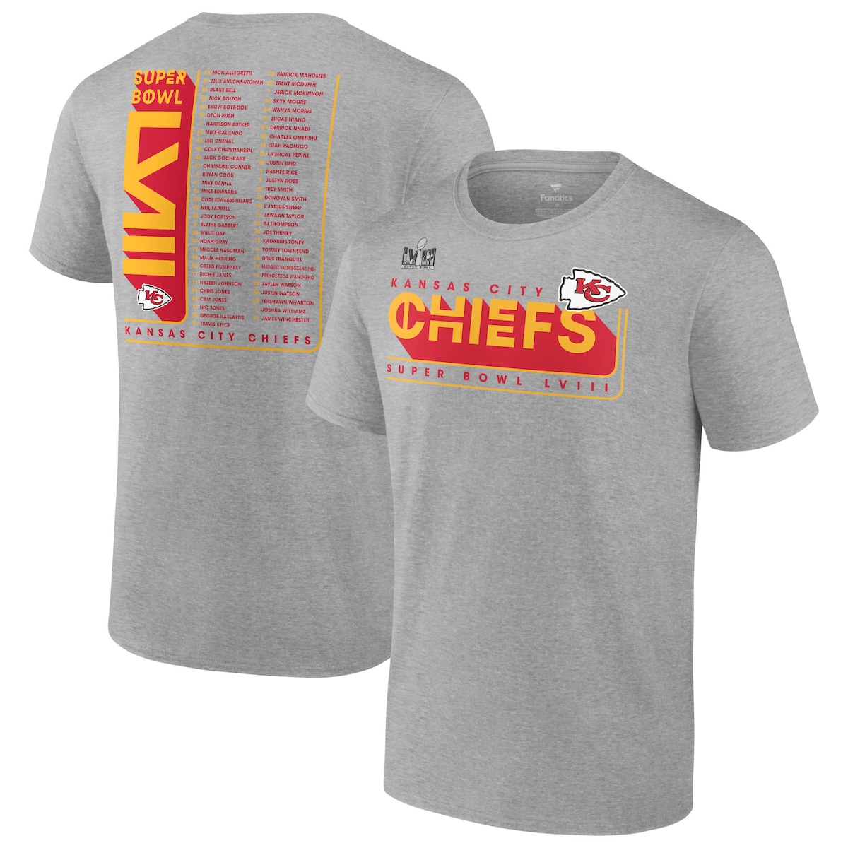 【公式グッズ】NFL チーフス Tシャツ Fanatics/ファナティクス メンズ ヘザーチャコール (24 MENS FB Super Bowl Bound TEAM MEMBERS Roster SST)｜Fanatics公式ストア 店