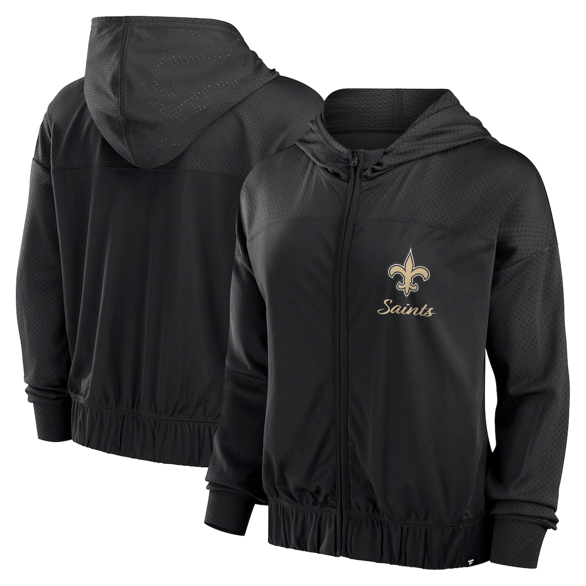【公式グッズ】NFL セインツ ジップアップ パーカー Fanatics/ファナティクス レディース ブラック (24 Women's LC Script Lock Poly Full-Zip Hood)｜Fanatics公式ストア 店