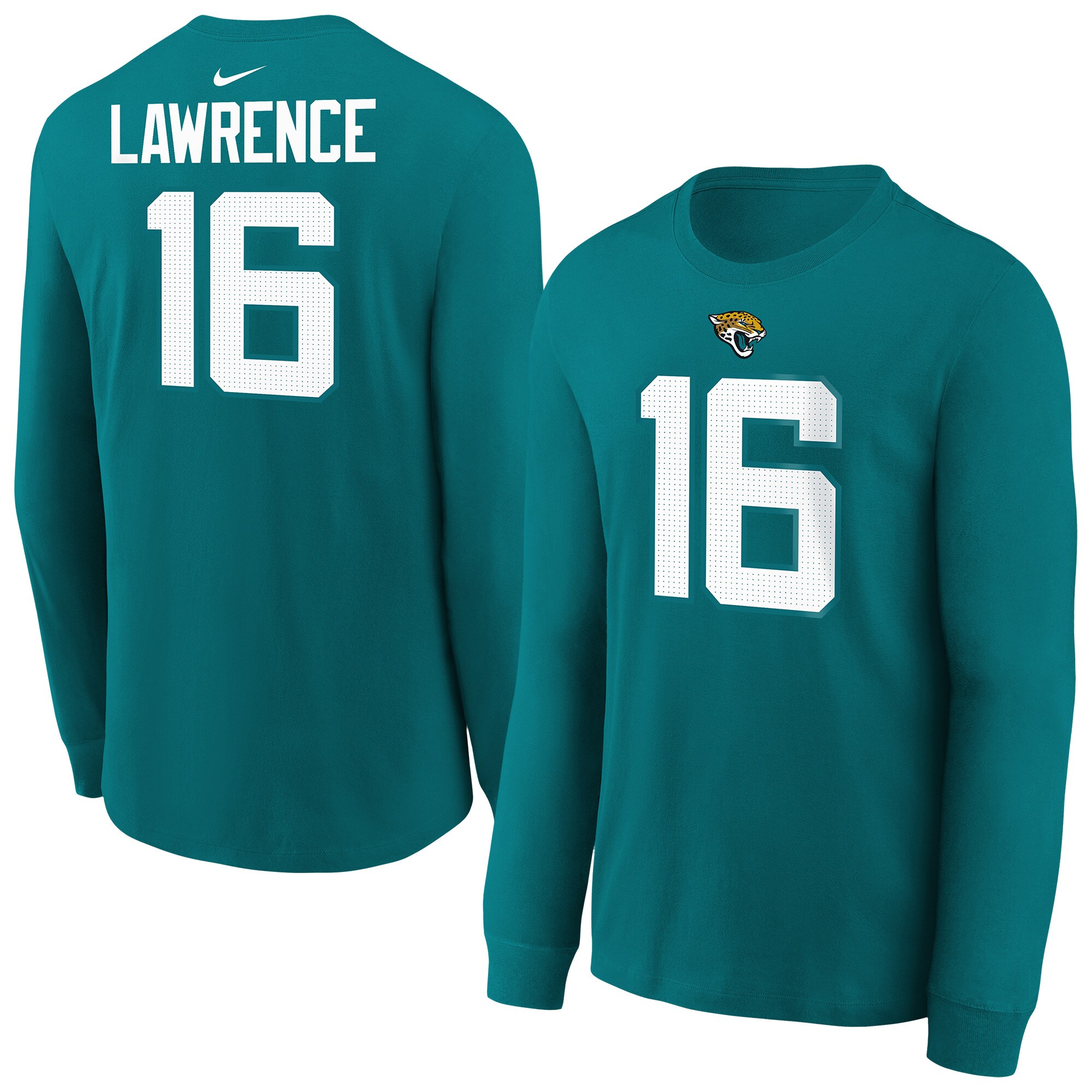 【公式グッズ】NFL ジャガーズ トレバー・ローレンス ネーム&ナンバー Tシャツ （長袖） Nike/ナイキ キッズサイズ ティール (Youth 8-20 Nike Player N&N LST)｜Fanatics公式ストア 店