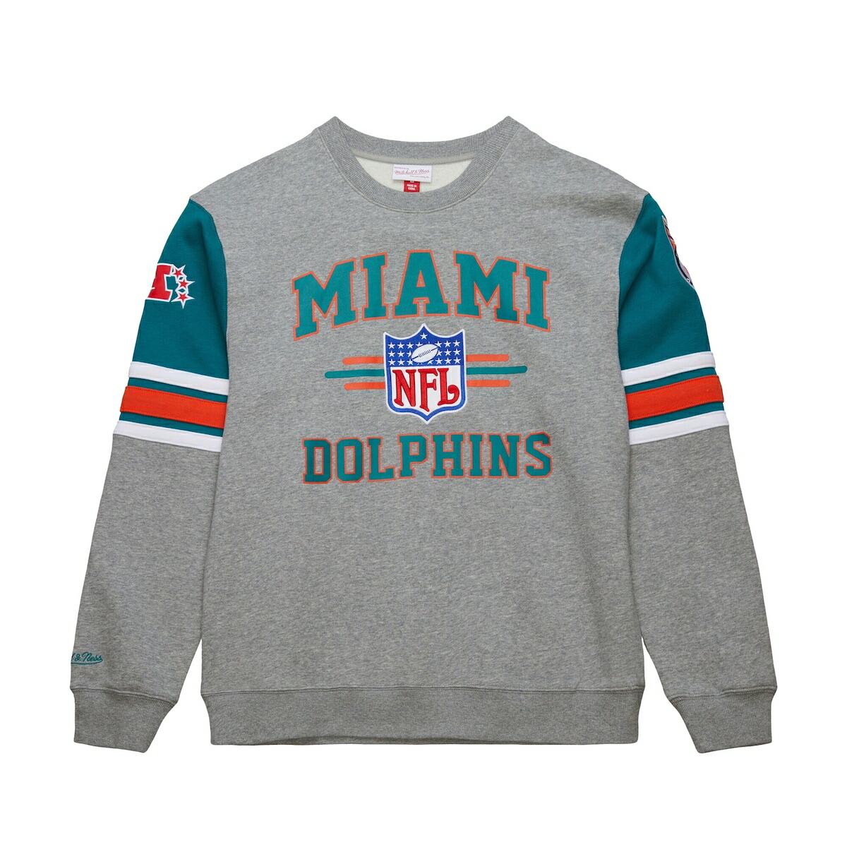 【公式グッズ】NFL ドルフィンズ トレーナー Mitchell & Ness/ミッチェル＆ネス メンズ ヘザーグレイ (NFL ALL OVER CREW 4.0 VINTAGE LOGO)