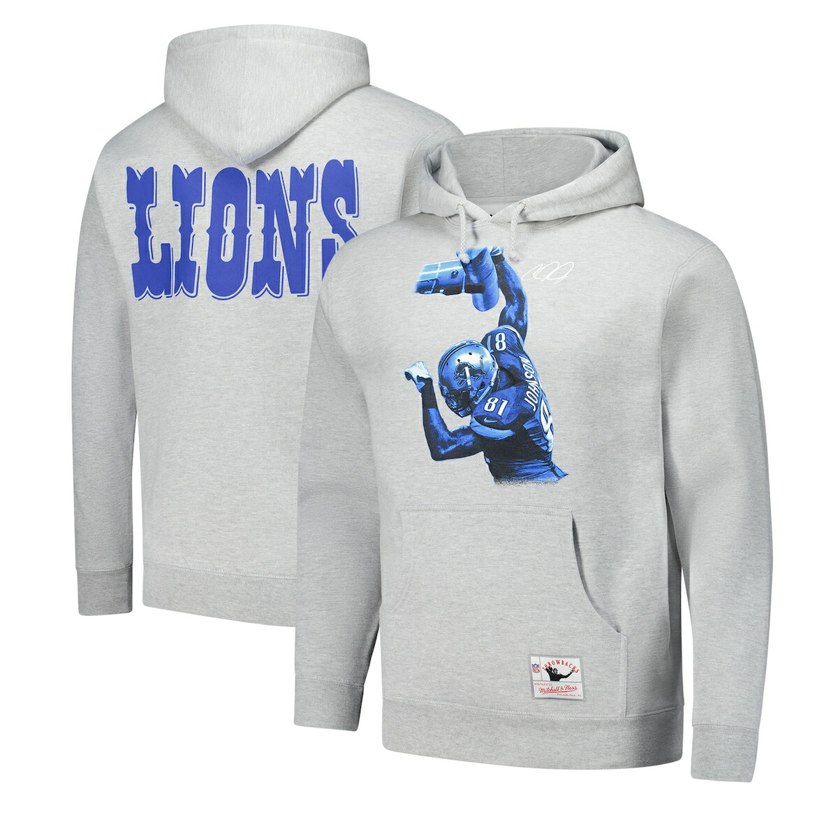 【公式グッズ】NFL ライオンズ カルビン・ジョンソン プルオーバー パーカー Mitchell & Ness/ミッチェル＆ネス メンズ ヘザーグレイ (Men's Calvin Johnson Player Graphic Pullover Hoodie) 17,885円