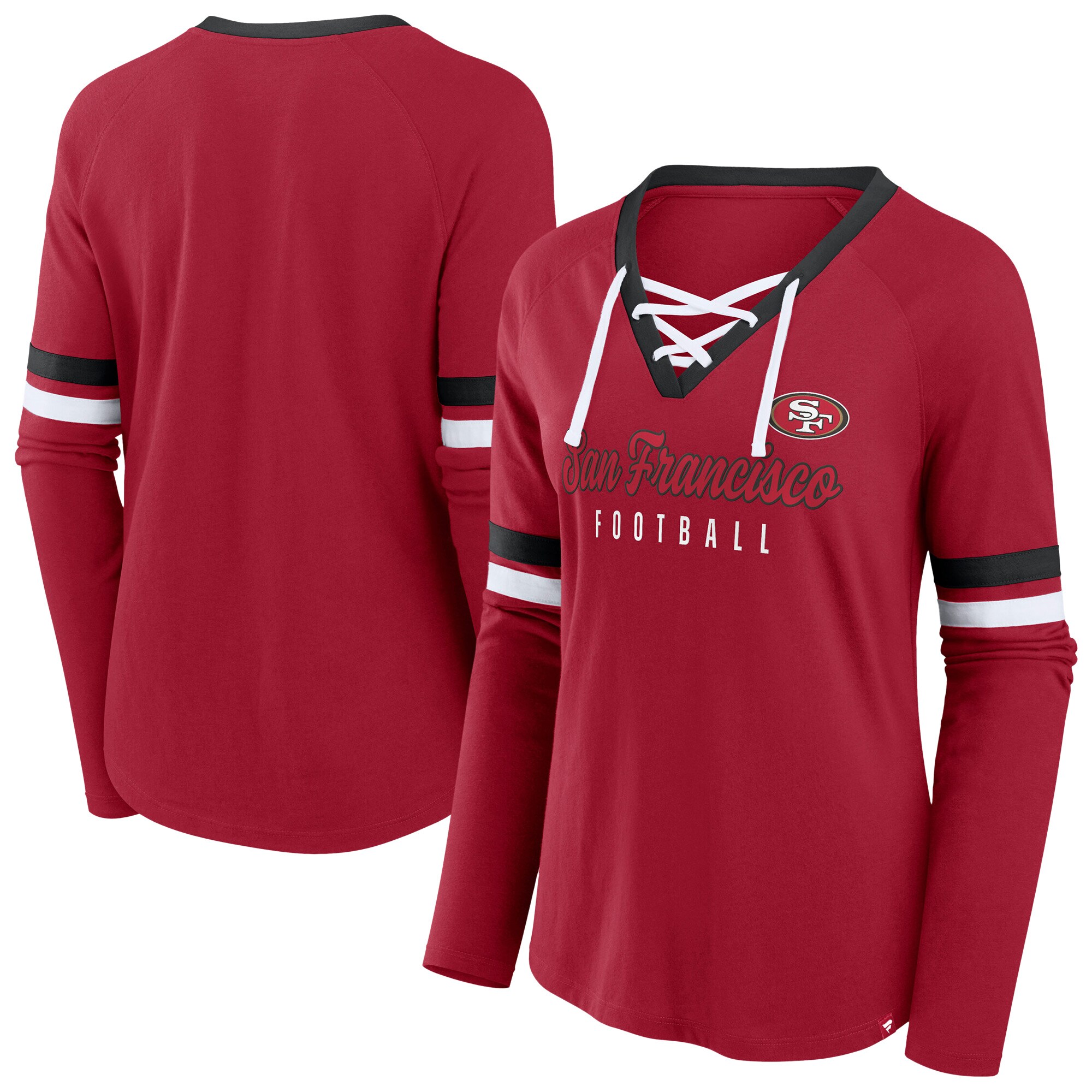 【公式グッズ】NFL 49ers Vネック 長袖 Tシャツ Fanatics/ファナティクス レディース スカーレット (NFL Womens Plus Won & Done Lace Up LST)|Fanatics公式ストア 店