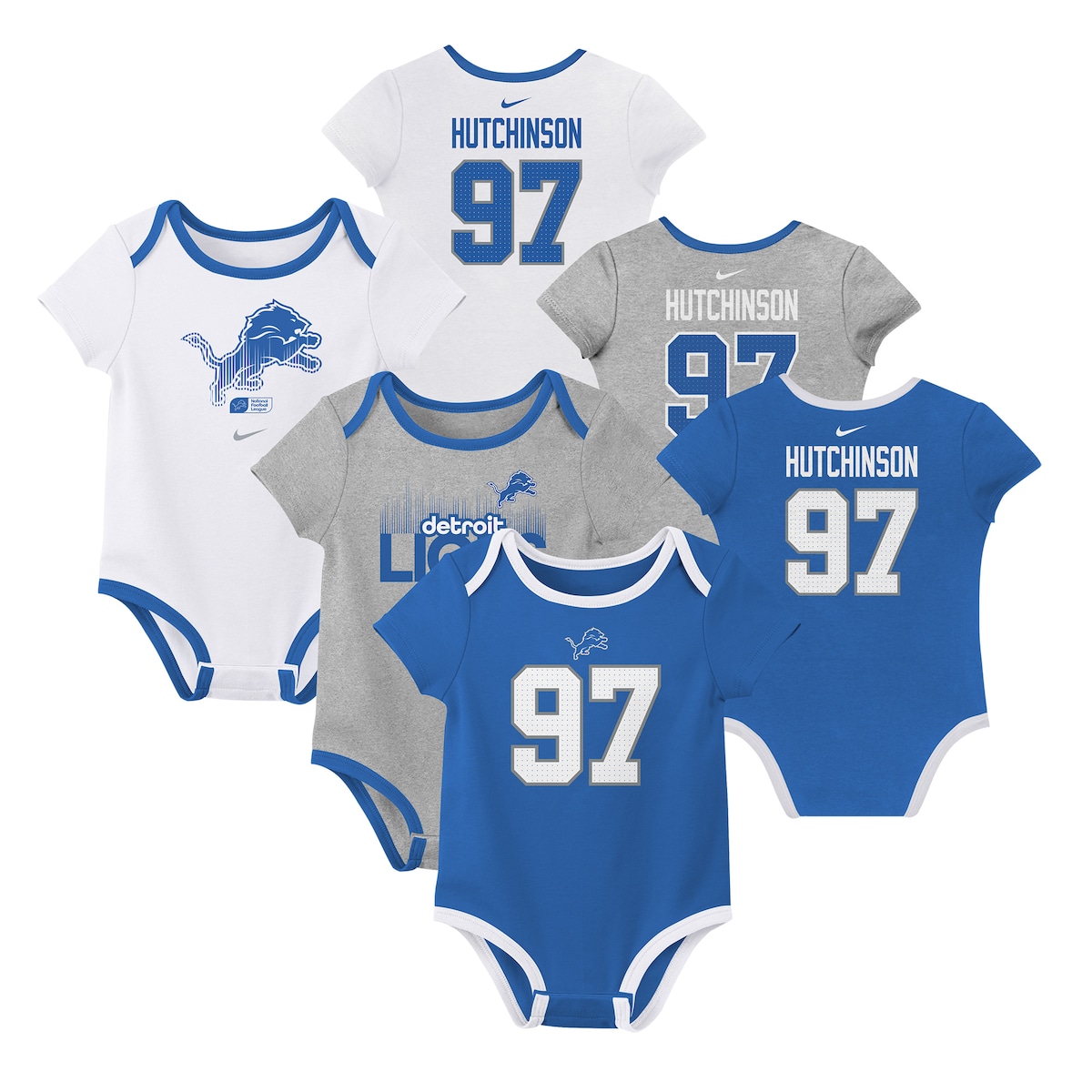 【公式グッズ】NFL ライオンズ エイダン・ハッチンソン ロンパース Nike ナイキ ベビー ブルー (Newborn Nike Player N&N 3 Pack Creeper Set)｜Fanatics公式ストア 店