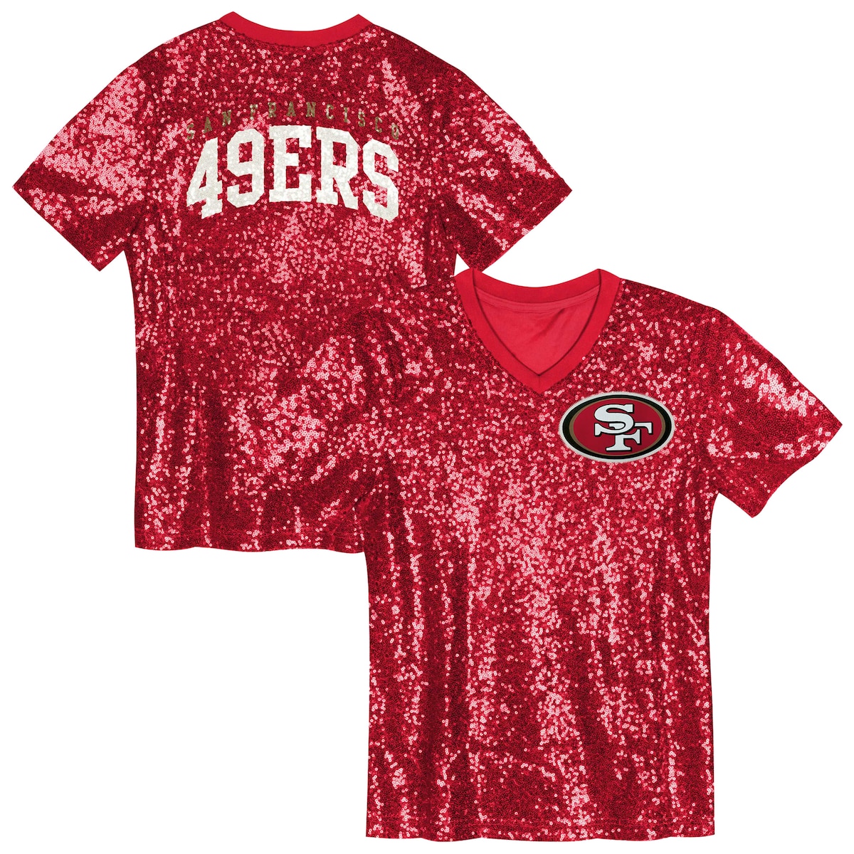 【公式グッズ】NFL 49ers Vネック Tシャツ Outerstuff ガールズ スカーレット (24 Girls Wordmark Sequin Top)