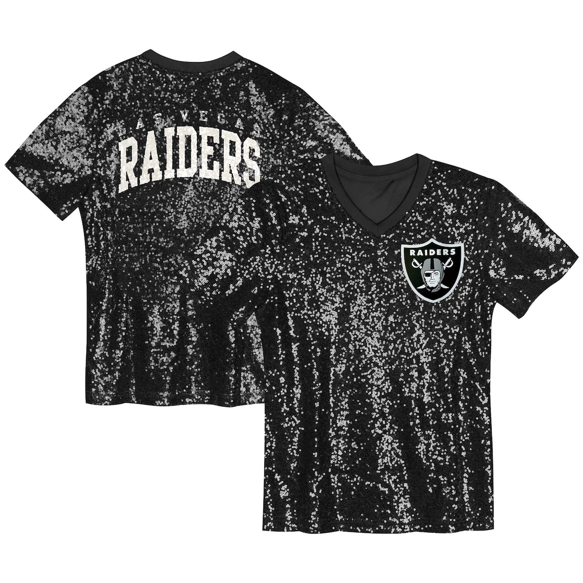【公式グッズ】NFL レイダース Vネック Tシャツ Outerstuff ガールズ ブラック (24 Girls Wordmark Sequin Top)｜Fanatics公式ストア 店