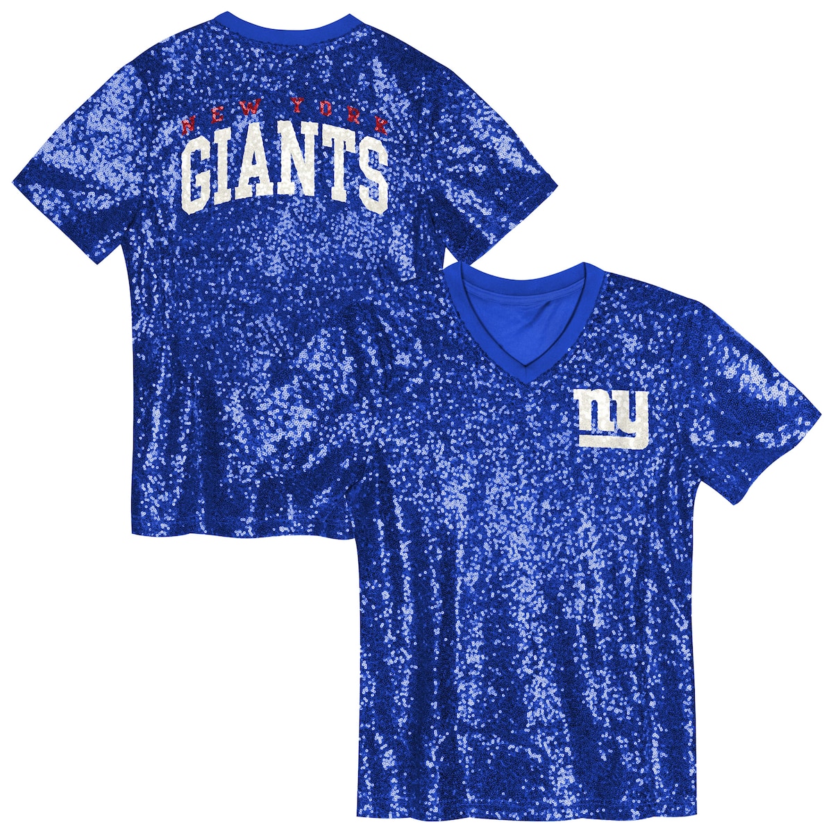 【公式グッズ】NFL ジャイアンツ Vネック Tシャツ Outerstuff ガールズ ロイヤル (24 Girls Wordmark Sequin Top)