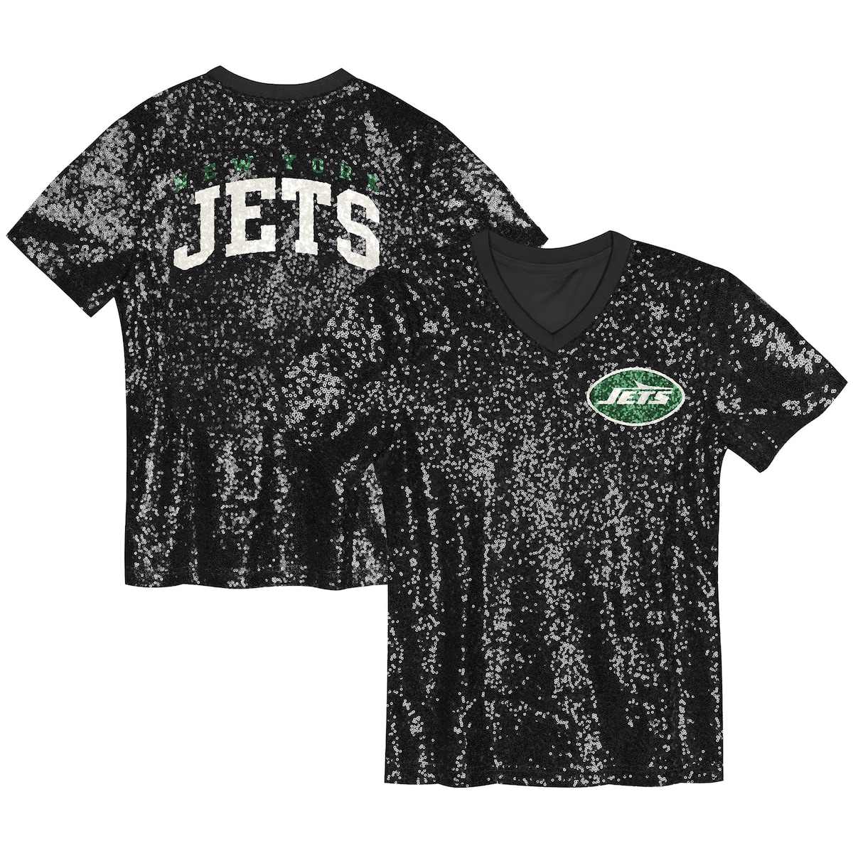 【公式グッズ】NFL ジェッツ Vネック Tシャツ Outerstuff ガールズ ブラック (24 Girls Wordmark Sequin Top)｜Fanatics公式ストア 店
