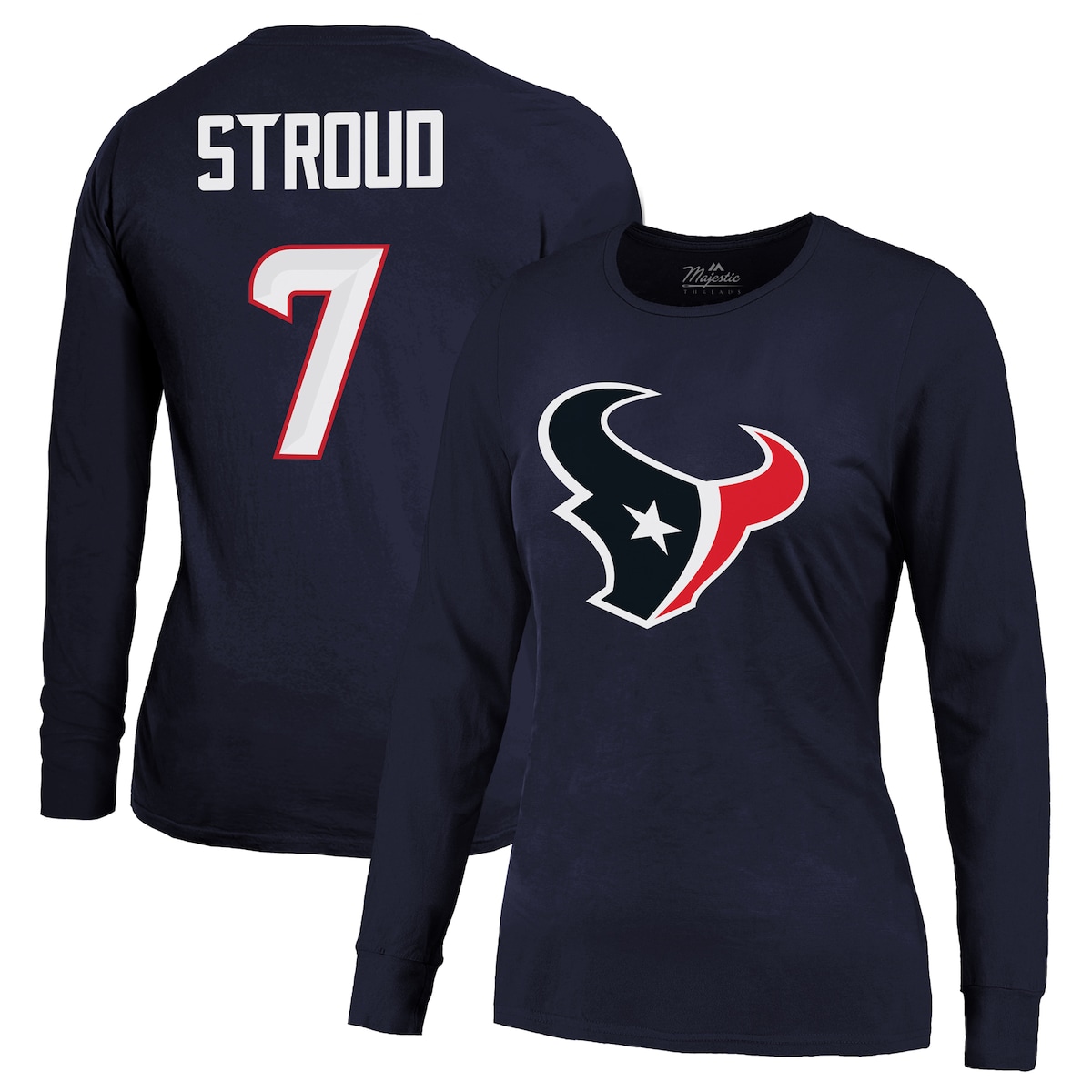 【公式グッズ】NFL テキサンズ C.J. ストラウド ネーム&ナンバー Tシャツ （長袖） Majestic/マジェスティック レディース ネイビー (Women's Non-Distressed LST)｜Fanatics公式ストア 店