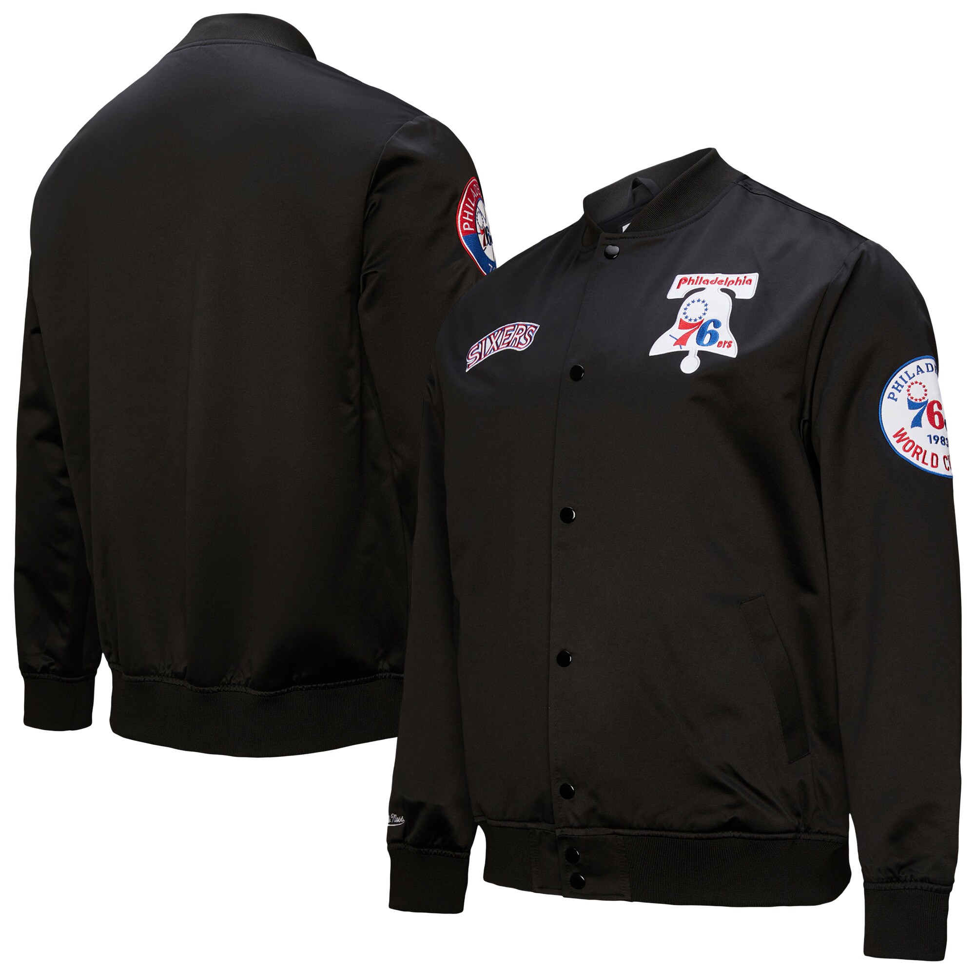 【公式グッズ】NBA 76ers ジャケット Mitchell & Ness/ミッチェル＆ネス メンズ ブラック (NBA Mitchell & Ness Men's SP25 MNC HWC Blackout Collection Vintage Satin Jacket)｜Fanatics公式ストア 店