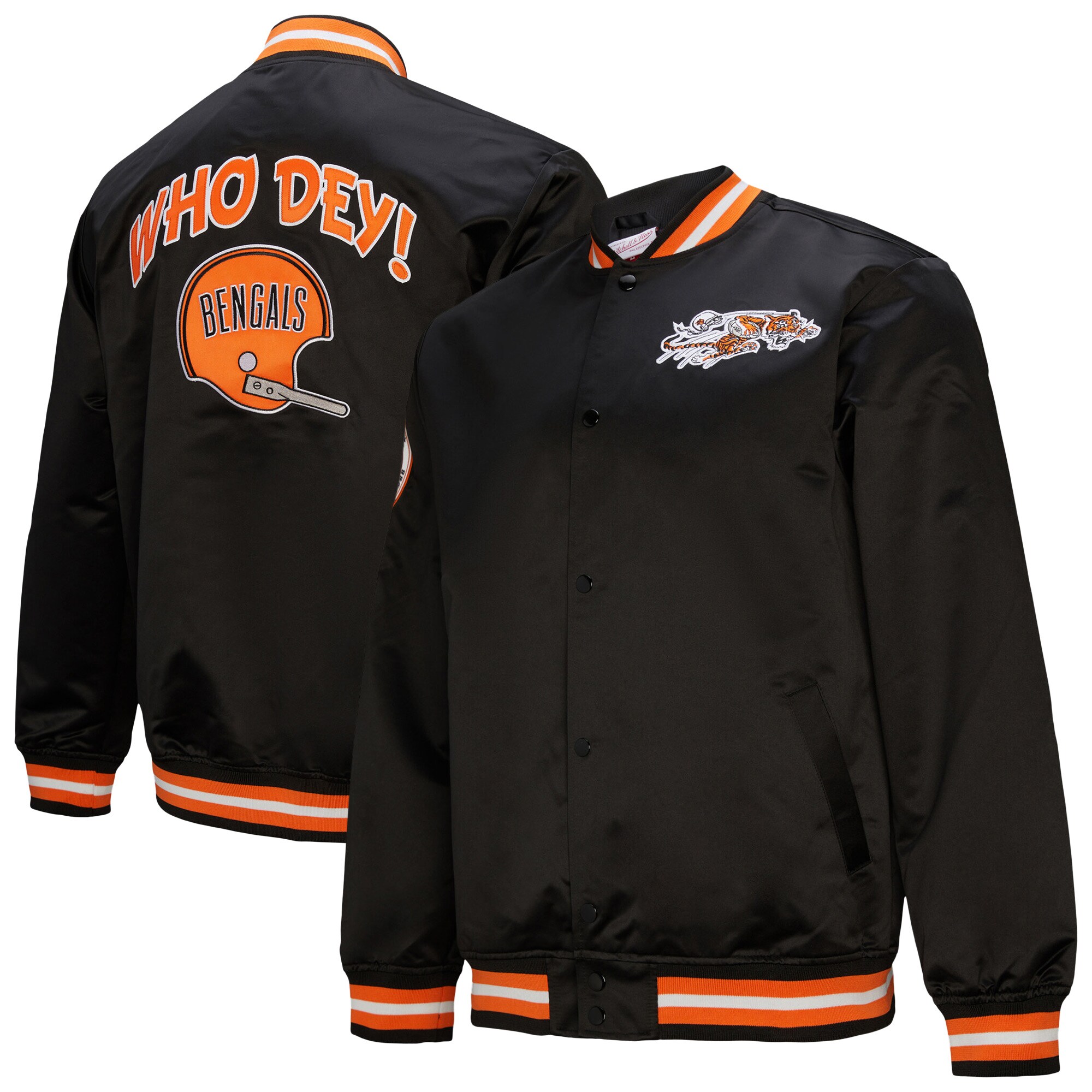【公式グッズ】NFL ベンガルズ ジャケット Mitchell & Ness/ミッチェル＆ネス メンズ ブラック (NFL DOUBLE DOWN SATIN JACKET VINTAGE LOGO)｜Fanatics公式ストア 店