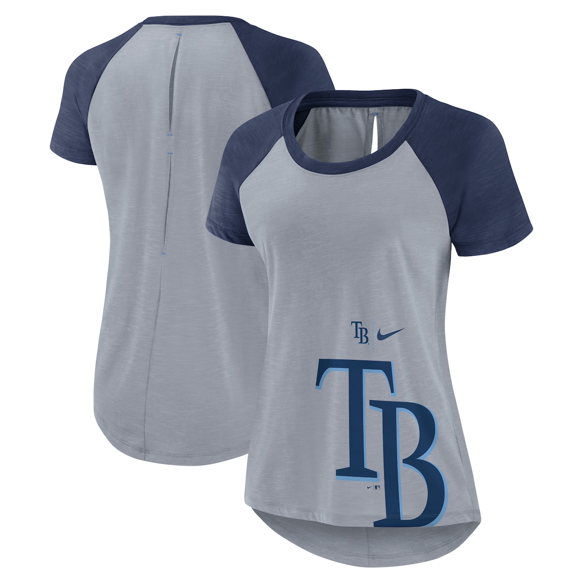 【公式グッズ】MLB レイズ ラグラン Tシャツ Nike/ナイキ レディース ヘザーグレイ (Women's Nike Summer Breeze Back Slit Fashion Top)｜Fanatics公式ストア 店