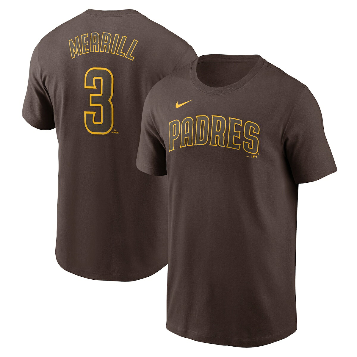 【公式グッズ】MLB パドレス ジャクソン・メリル ネーム&ナンバー Tシャツ Nike/ナイキ メンズ ブラウン (2025 Men's Nike Fuse N&N Tee)