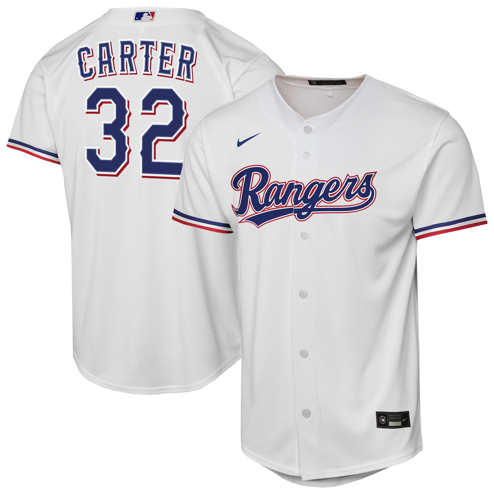 【公式グッズ】MLB レンジャーズ エヴァン・カーター ホーム ユニフォーム （レプリカ） Nike/ナイキ キッズサイズ ホワイト (2025 Nike Youth Replica 2.0 Player Jerseys - FTF NTP Master Style)