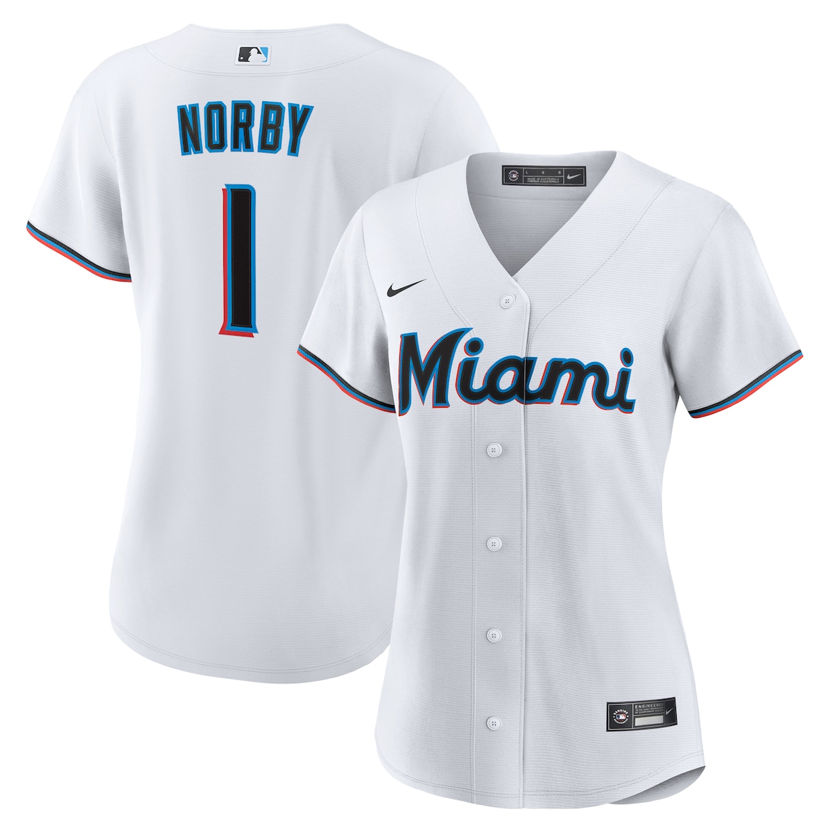 【公式グッズ】MLB マーリンズ コナー・ノルビー ユニフォーム Nike/ナイキ レディース ホワイト (Women's Nike 1.0 Replica Player Jersey)