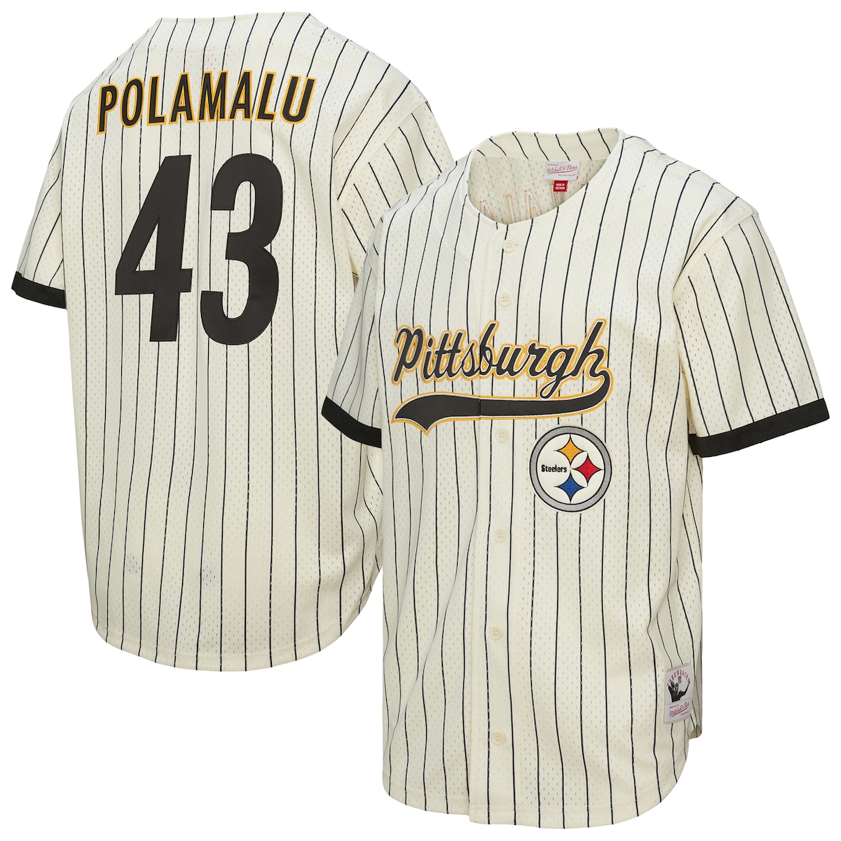 【公式グッズ】NFL スティーラーズ トロイ・ポラマル シャツ Mitchell & Ness/ミッチェル＆ネス メンズ クリーム (Men's Retired Player N&N Cream Mesh Baseball Button Up)