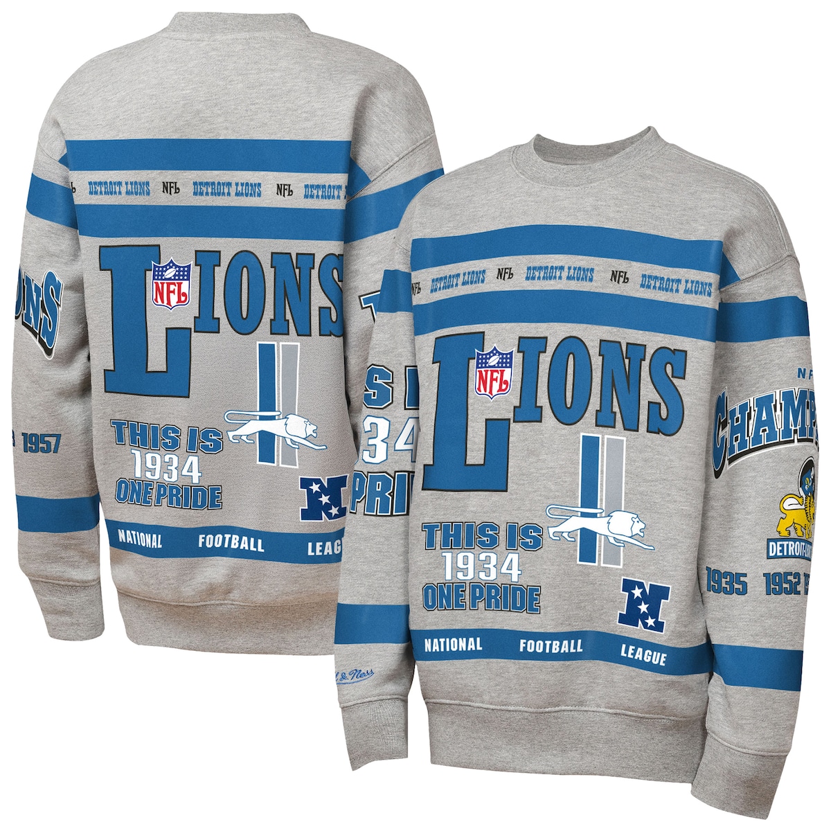 【公式グッズ】NFL ライオンズ フリース トレーナー Mitchell & Ness/ミッチェル＆ネス キッズサイズ グレイ (NFL Youth MNC AOP Fleece Crew)