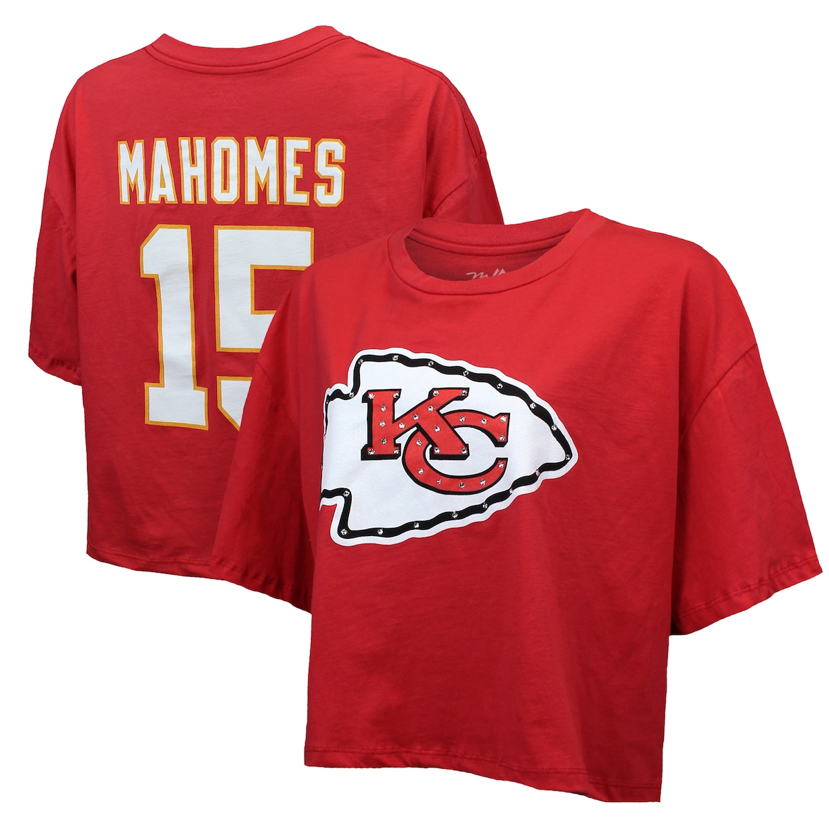 【公式グッズ】NFL チーフス パトリック・マホームズ ネーム&ナンバー Tシャツ Majestic/マジェスティック レディース レッド (Womens Majestic Threads Swarovski Crystals Boxy Tee)